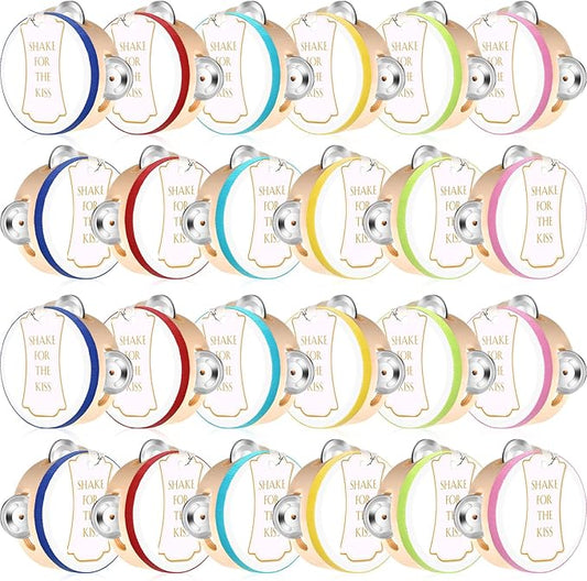 24 Set 4 Inch Tambourine for Adults Wooden Hand Held Drum with Metal Jingles, Gift Tags, White I Love You Printed Ribbon Percussion Gift Musical Instrument for Church Wedding Party(Colorful)