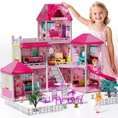 Villa Playset for Girls Ages 3-7, 3-Story 8 Room House with 2 Dolls, Furniture and Accessories, Indoor Playset Girls Toys for Ages 6-8, Pretend Toddler Toy, Birthday Gifts for Kids 4-8