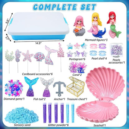 CORPER TOYS Ocean Mermaid Sand Art Kit for Kids with Magic Sand, Seashell & Treasure Accessories Sensory Bin Toys for Toddlers Girls Gift for Birthday Christmas