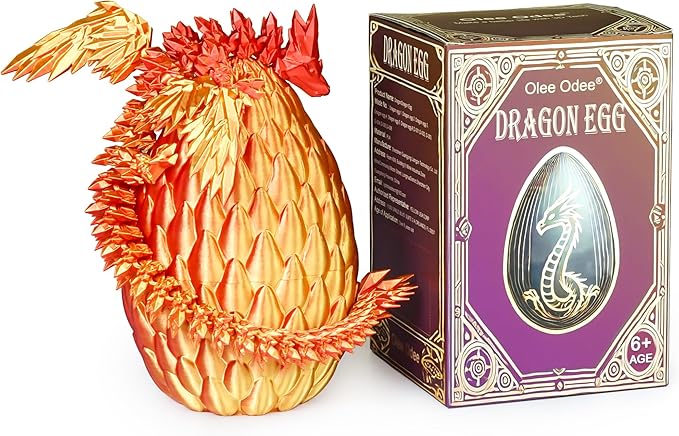 3D Printed Dragon Eggs with Articulated Fly Dragon Inside, Collectible Figurines Fidget Toy for Adults Kids Birthday Easter Christmas White Elephant Gifts for Friends Colleagues(Red Gold, L size)