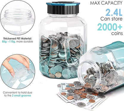 X-Large Piggy Bank for Adults Kids, Vcertcpl Digital Coin Counting Bank with LCD Counter, 2.4L Capacity, Great Coin Counter Bank Money Counting Jar with Total Amount Displayed (G Blue, X-Large)