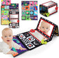 Tummy Time Floor Mirror with Crinkle Cloth Book and Teethers, Double-sided Baby Mirror Black and White High Contrast Baby Toys, Folding Crawling Activity Mat for Infants 3 6 12 Months (B-Mirror+Book)