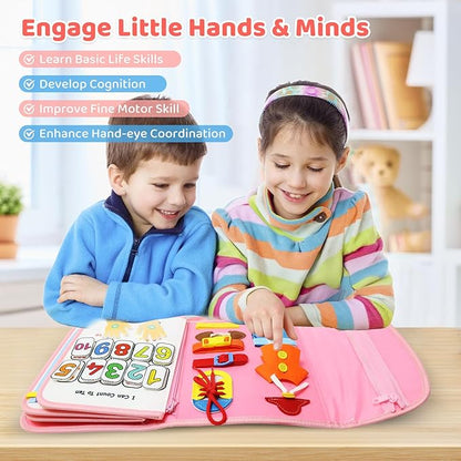 Busy Board Montessori Toys for Toddler,Busy Book - Sensory Preschool Learning Activities Educational Toys with Fine Motor Skills,Gift for Boys Girls,Travel Essentials for Plane Car (Pink)