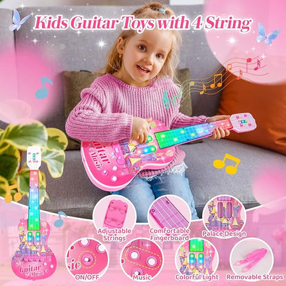 Kids Guitar and Microphone Playset, Musical Guitar Play Set with Adjustable Stand,Toy Guitar Starter Kit with 4 Strings, Electric Guitar Karaoke Toys with Music Lights for Boys Girls