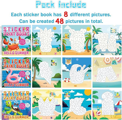 6Pcs Summer Paint by Sticker Books Hello Summer Sticker by Number Books Activity Book Puzzle Book Craft Art Gift with Crab Flamingo Turtle Toucan 48 Pictures Party Favors