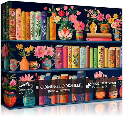 Blooming Bookshelf Jigsaw Puzzles 1000 Pieces, PICKFORU Wildflower Pages Puzzle, Plant Floral Flowers Books Literary Themed, Colorful Art Library Impossible Challenging Puzzles for Adults