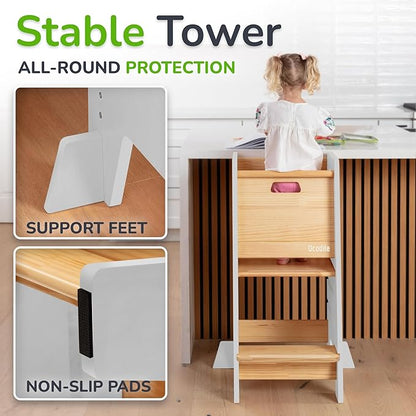 OCODILE Toddler Tower with a Sliding Door and 3 Adjustable Heights - Complete Toddler Kitchen Stool Helper with Support Feet - Safe Design for 18+ Months to 6-Year-Old Kids - White