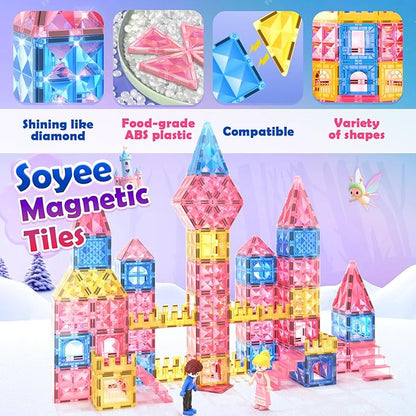 Diamond Magnetic Tiles for Kids: Magnet Building Blocks for Girls & Boys Age 3-8 Princess Castle Toy Birthday Sensory Game 4 5 6 7 8 12 Year Old Learning Classroom Must Have Decor