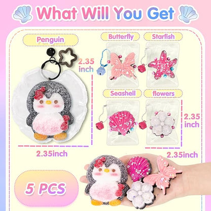 Fidget Squeeze Toys Set 5PCS, Squishies Sensory Toys Includes Penguin Starfish Seashell Flower Butterfly for Stress Relief, Sticky Toys Party Favors Birthday for Kids Teens