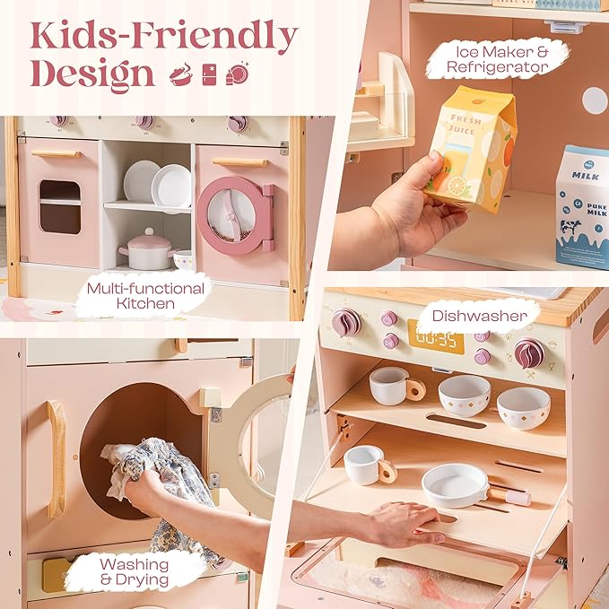 ROBOTIME Wooden Kids Play Kitchen – 4-in-1 Toddler Play Kitchen Set with Fridge, Washer & Dishwasher – Wooden Corner Cooking Playset for Boys & Girls Ages 3+