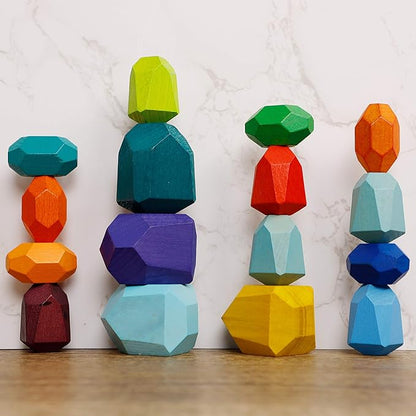 16 Pcs Wooden Stacking Blocks Rocks Building Toys, Colored Solid Wood Stones Pre-School Educational Games Creative Toys for Kids Toddlers