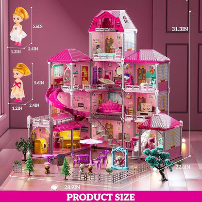 Villa Playset for Girls Ages 3-7, 4-Story 12 Room House with 2 Dolls, Furniture and Accessories, Indoor Playset Girls Toys for Ages 6-8, Pretend Toddler Toy, Birthday Gifts for Kids 4-8