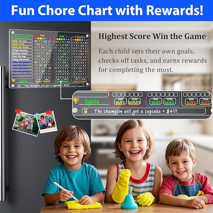 PigPotParty Acrylic Magnetic Chore Chart for Multiple Kids, 3-Kid Family, 16"x12" Large Dry Erase Chore Board, Responsibility Chart for Teens & Adults, with 12 Markers & Towel