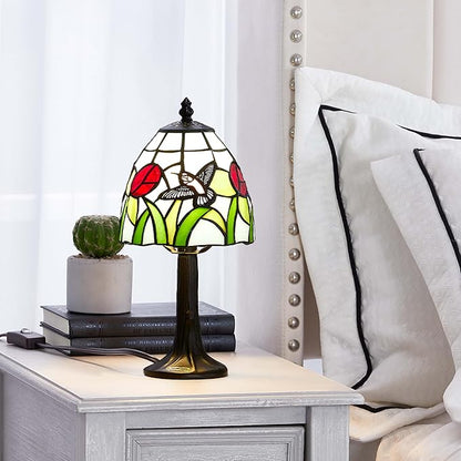Tiffany Style mini Table Lamp-Stained Glass Hummingbird with Tulip Design Table or Desk Light LED Bulb Included-Vintage Look Colorful Accent Decor