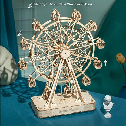 Rolife 3D Wooden Puzzle Hand Crank Music Box Machinarium Toys-DIY Wood Craft Kit-Creative Gift for Adults When Christmas/Birthday (Ferris Wheel Wood Color)
