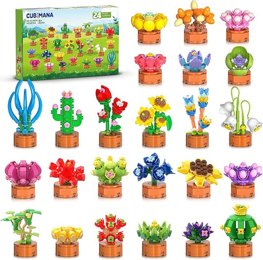24 Pack Flowers Succulents Party Favors for Kids Building Set - 1012 PCS Botanical Bonsai 3.6MM Mini Building Blocks Toy for Classroom Prizes Easter Basket Stuffers Birthday Gift for Girl Boy Ages 6+