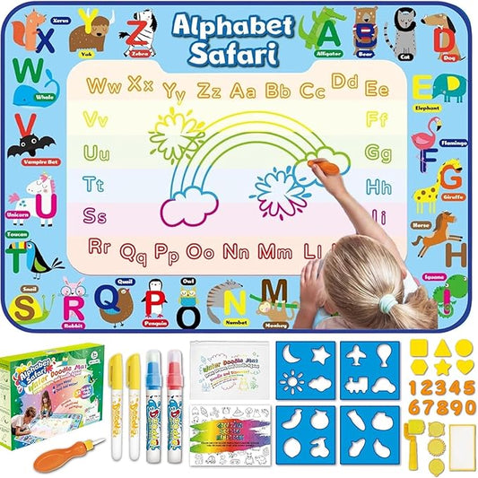 ANIMOLDS Water Doodle Mat - 40x32 Inch Aqua Magic Drawing Board for Kids (Alphabet Safari)
