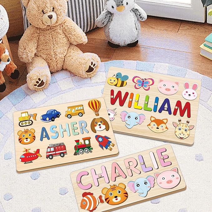 Name Puzzle for Kids Personalized, Montessori Educational Toys, Customized Wooden Puzzles for Toddlers 1-3, 1st Birthday Gift for Boys and Girls, Easter Basket Stuffer