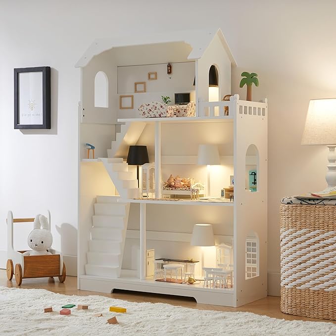 Wooden Dollhouse Bookshelf - Toddler Doll House Bookcase, Extra Space Kids Toy Storage Book Shelf, 3-Tier Children Dollhouse, Pretend Play Toy House, Gift for Girls & Boys Ages 3+