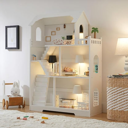 Wooden Dollhouse Bookshelf - Toddler Doll House Bookcase, Extra Space Kids Toy Storage Book Shelf, 3-Tier Children Dollhouse, Pretend Play Toy House, Gift for Girls & Boys Ages 3+