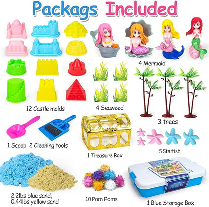 Mermaid Sensory Bin Sandbox Toys for Toddlers Girls Kids- Mermaid Toys for Kids Play Sand Kit Sensory Bin Toy with 2.2 lbs Sand & Castle Mold,Great Christmas Birthday Gift for Girl Boys