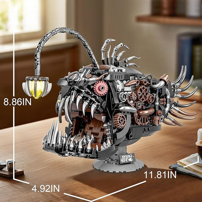 Mechanical Lantern Fish Building Sets for Adults, Compatible with Lego, Creative Ocean Animal Toy for Home Office Decor, STEM Gift for Boys 8-14
