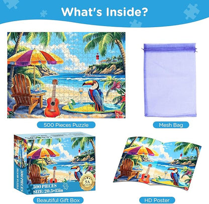 500 Piece Jigsaw Puzzle for Adults, Beach Scenery Jigsaw Puzzle, Chair and Guitar Jigsaw Puzzles, Seaside Lover Challenging Puzzles for Friends Family Activity Game Nights Gifts