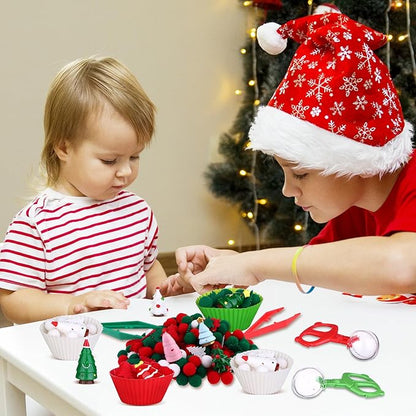 360 PCS Christmas Sensory Bin Filler Winter Sensory Bin Items 240 Pompoms 90 Felt Christmas Tree 17 Resin Xmas Tree 6 Cups 6 Tweezers 1 Storage Box for Winter Xmas Sorting Counting Training