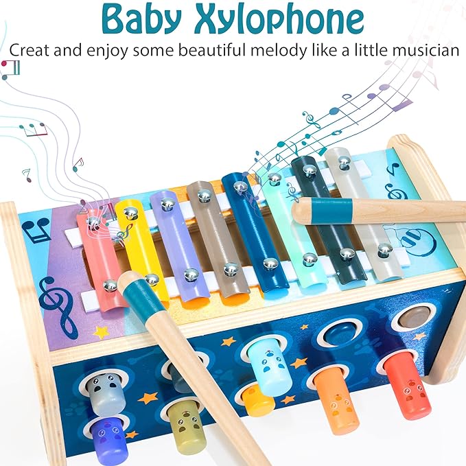 KIDWILL Montessori Pounding Toy for 1 2 Year Olds Wooden Hammering & Activity Board with Xylophone, Number Maze, Pounding Bench Educational Toddler Gift Toys Age 1-3