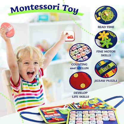 TenFans Montessori Busy Board | 3-5 Year Old Toddler Learning Toy | Fine Motor Skills Development | Montessori Sensory Playset | Early Childhood Education Tool | Portable Travel Preschool Activity Kit