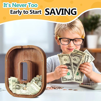 Summidate Customized Name Large Wooden Piggy Bank for Kids Boys Girls Alphabets Letter A-Z Coins Bills Money Change Bank Box Initial on Clear Cover (Laser Engraved) (Alphabet-O, Personalized-12)