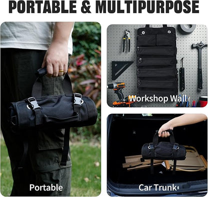 Portable Foldable Roll-Up Waterproof Tool Bag Organizer with 5 Compartments & 2 Detachable Pouches, Heavy-Duty Tool Pouch Bag, Dad Men Electrician Mechanic Gifts