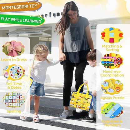 Esjay Toddler Busy Board Montessori Toys for Boys Girls, Sensory Board Educational Activities for Learning Fine Motor Skills, Birthday Gifts for Toddlers, Travel Toys for Airplane Car, Yellow Truck