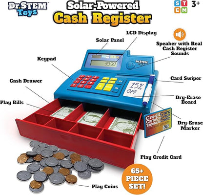 Dr. STEM Toys Solar Powered Calculator Pretend Cash Register with Play Money – 67-Piece Set for Learning Math Skills, STEM Cash Register for Kids (Blue)