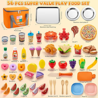 Juboury Pretend Play Food Set for Toddlers, Cutting Toy Food with Storage Bag, Stainless Steel Tray and Plates, Food Toys with Veggies, Fruits, Dessert, Pizza Toy, Play Kitchen Accessories for Kids