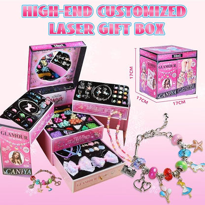 Tuehakny 10-in-1 Jewelry Craft Kit for Girls Ages 4-12, 3000+ Non-Toxic Beads, Charms & Elastic String with Layered Storage Box, DIY Bracelet Necklace Maker Kit, Birthday Christmas Gifts for Kids