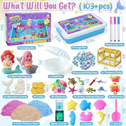G.C Sensory Bin for Girl Kid Toy, Play Sand Art Kit 108pcs with Sandbox, 2lb Color Sand, 6 Castle Molds, Tactile Sensory Toy Christmas Birthday Gift for Girl Toddler Ages 3 4 5 6 7 8 (Mermaid)