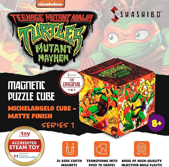 SHASHIBO Teenage Mutant Ninja Turtles Shape Shifting Box - STEM Magnetic Fidget Cube That Transforms Into Over 70 Shapes, Download Fun in Motion Toys Mobile App (Mikey)