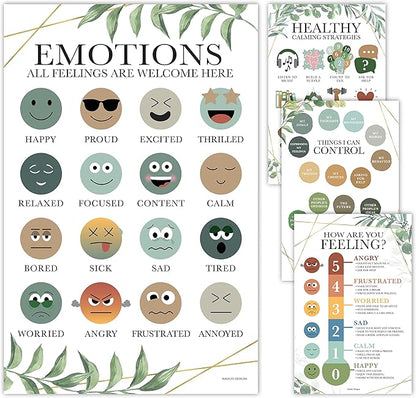Hadley Designs Feelings Chart For Kids Ages 4-8 - Emotions Chart For Toddlers 3-5, Counseling Feelings Posters For Classroom Calming Corner, Social Emotional Learning Posters, Greenery Classroom Decor