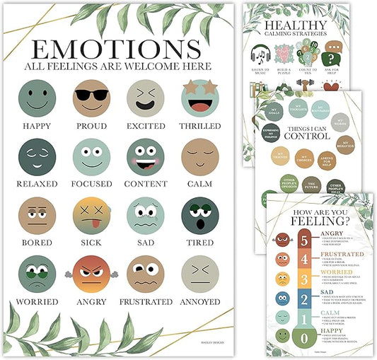 Hadley Designs Feelings Chart For Kids Ages 4-8 - Emotions Chart For Toddlers 3-5, Counseling Feelings Posters For Classroom Calming Corner, Social Emotional Learning Posters, Greenery Classroom Decor