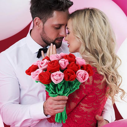 18 Pcs Plush Rose Flower Stuffed Bendable Stems Plush Bouquet Toy Soft Floral 12.6 Inch for Graduation 2025 Mother's Day Valentines Day Girl Girlfriend Wife Family and Friends(Red Pink Series)