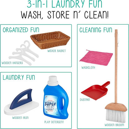 Lil’ Jumbl Kids Washer and Dryer Playset, Wooden Children's Pretend Laundry Set, Includes Broom, Dustpan, Iron, Hangers & Basket, Realistic Laundry Room for Kids - White