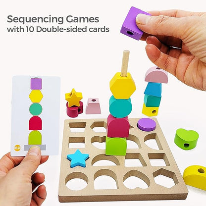 Jispring Puzzle Games for Dementia, 3-in-1 Color Matching Shapes, Wooden Shape Sorter for Alzheimers, Beads Sequencing for Elderly, Fidget Sensory Toys for Seniors, Keeping Hands Busy, Anxiety Relief