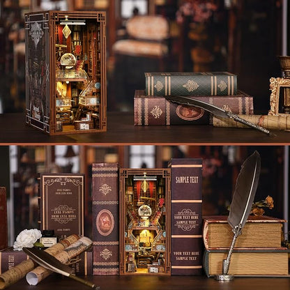 Book Nook Kit, DIY Miniature Dollhouse Library House Kit for Adult and Teens, 3D Wooden Puzzle Bookends Bookshelf with Sensor Led Light (Beyond Library)