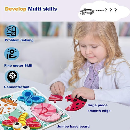 Wooden Jigsaw Puzzles for Toddlers 2-4 Years Old Girls Boys Jumbo Base Chunky Puzzle Ages1-3 Toddler Fun Gifts for 18 24 Months Baby