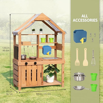 OOOK Mud Kitchen for Kids Outdoor, Kids Kitchen Playset with Canopy, Gardening Tools, Chalkboard, Flower Pot, Cookingware, Removable Water Tank, Ideal Gift for Boys and Girls 3+, Solid Fir Wood.