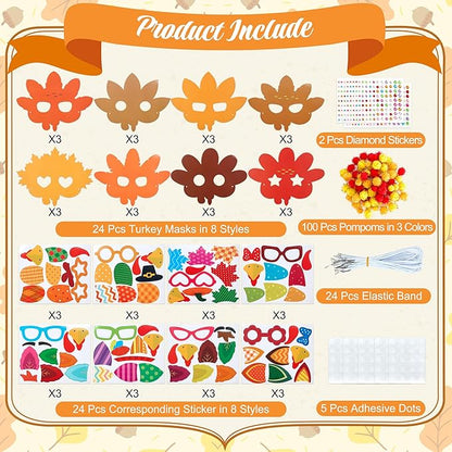 Bafeil 24 Sets Thanksgiving Turkey Masks Craft Kits DIY Turkey Face Mask Paper Art Craft Kit with Diamond Sticker for Fall Harvest Thanksgiving Party Favor Art Project Family Classroom Activity
