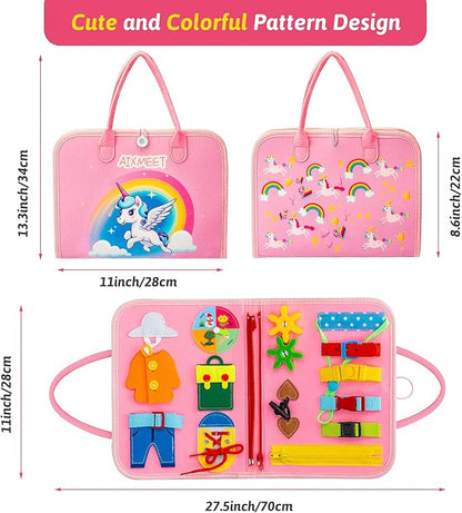 AIXMEET Toddler Busy Board Montessori Toys, Sensory Board Busy Book, Toys for Toddlers 3456 Year Old, Preschool Learning Activities with Life, Shape,Color,Animal,Weather,8 Pages (Pink)
