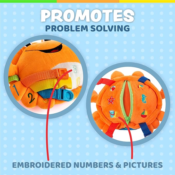 Buckle Toys - Barney Crab Stuffed Animal - Montessori Learning Toy for Toddlers - Develop Motor Skills and Problem Solving - Great Car Trip Activities for Kids