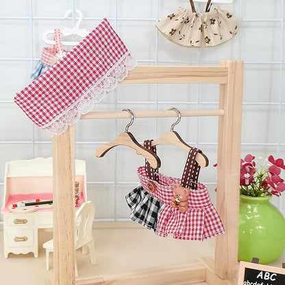 17cm Doll Clothes Set, Compatible with Labubu, Floral Dress with Lace Trim, Headband & Bear Charm Accessory (NO Doll) (Red Gingham)